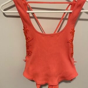 Free People Coral Embroidered Crop Top